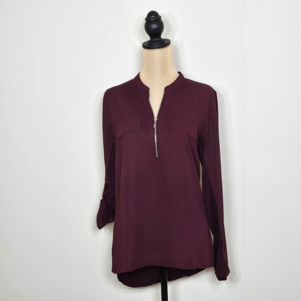 INC‎ International Concepts Burgundy Zip Front Roll Tab Sleeve Tunic Top Size M